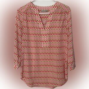 Chic Pink and tan Geometric Women's silk Blouse